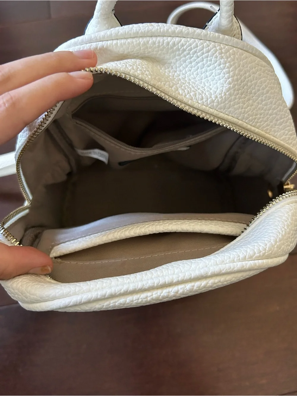 White Faux Leather Pebbled Mini Backpack with Gold Accents